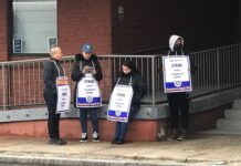 Union employees at RISD go on strike TEAMSTERS LOCAL 251 members who are employees at the Rhode Island School of Design picket outside a campus building Thursday morning. / PBN PHOTO/JAMES BESSETTE