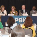 WORKING TOGETHER: Panelist Dr. Claire Levesque of Point32Health Services Inc., third from left, speaks during the PBN Spring 2023 Health Care Summit and Health Care Heroes Awards on April 6 at the Providence Marriott Downtown. Also on the panel, from left, are Eric Swain of United HealthCare of New England Inc.; Kirsten Hokeness of Bryant University; Peter Marino of Neighborhood Health Plan of Rhode Island; Dr. Methodius Tuuli of Women & Infants Hospital; and Martha Wofford of Blue Cross & Blue Shield of Rhode Island.  PBN PHOTO/MIKE SKORSKI
