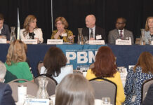 Panel: Collaboration needed across the board to resolve health inequities in R.I. WORKING TOGETHER: Panelist Dr. Claire Levesque of Point32Health Services Inc., third from left, speaks during the PBN Spring 2023 Health Care Summit and Health Care Heroes Awards on April 6 at the Providence Marriott Downtown. Also on the panel, from left, are Eric Swain of United HealthCare of New England Inc.; Kirsten Hokeness of Bryant University; Peter Marino of Neighborhood Health Plan of Rhode Island; Dr. Methodius Tuuli of Women & Infants Hospital; and Martha Wofford of Blue Cross & Blue Shield of Rhode Island.
PBN PHOTO/MIKE SKORSKI