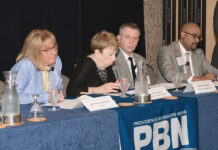 PBN health summit: A ‘welcome milestone’ in pandemic EASING OUTLOOK: Panelists discuss the official end to the COVID-19 national emergency at PBN’s Spring 2023 Health Care Summit on April 6. On the panel, from left, are Kristine Campagna of the R.I. Department of Health; Jane Hayward of the Rhode Island Foundation’s Long-Term Health Planning Committee; Corey McCarty of CCA Health Rhode Island; and Dr. G. Dean Roye of Rhode Island Hospital.
PBN PHOTO/MIKE SKORSKI