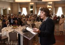 PBN honors top Business Women for 2023 PAULA IACONO, executive director of the Chartercare Foundation who was named the 2023 Career Achiever in Providence Business News’ 2023 Business Women Awards program, delivers her speech during Thursday's awards luncheon at the Providence Marriott Downtown. / PBN PHOTO/MIKE SKORSKI