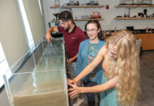 WATER WORK: From rear to front, Roger Williams University senior civil engineering student Nathan Silveira, assistant professor Pamela Judge and senior environmental science student Lauren Northrup are assisting with soil erosion research at the RWU School of Engineering, Computing and Construction Management’s Richard L. Bready Applied Learning Laboratories on the Bristol campus.  PBN PHOTO/MICHAEL SALERNO