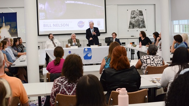 NASA ADMINISTRATOR BILL NELSON speaks during his visit to Brown University as part of a tour of Rhode Island's NASA-funded business and university innovation in late June. / COURTESY BROWN UNIVERSITY