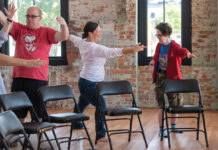 After opening yoga studio, she has stretched for more REACHING OUT: Alison Bologna , center, Shri Studio Inc., Shri Service Corps and Shri Bark founder and WJAR-TV NBC 10 morning news co-anchor, participates in a class in her new yoga studio in Pawtucket. Joining her are Alex Godin, left, of the Life Inc. social service agency in Tiverton, and Michelle Peloquin, of The Arc of Blackstone Valley social service agency in Pawtucket.
PBN PHOTO/MICHAEL SALERNO
