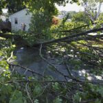 FALLEN TREES block a road in a residential neighborhood in Johnston on Aug. 18 after severe weather swept through the area. / AP PHOTO / MICHAEL DWYER