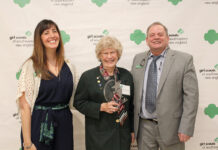 Armstrong receives Girl Scouts Hall of Fame award FAMED SCOUT: Nancy Armstrong, center, is presented with the inaugural Hall of Fame award from the Girl Scouts of Southeastern New England. Pictured with Armstrong are Girl Scouts CEO Dana Borrelli-Murray, left, and Girl Scouts Director of Properties and Facilities William Webster.
COURTESY GIRL SCOUTS OF
SOUTHEASTERN NEW ENGLAND