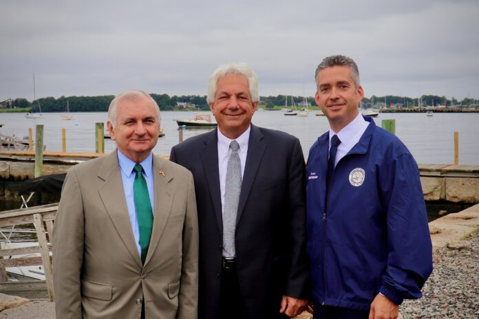 Reed FROM LEFT, Sen. Jack Reed, D-R.I., R.I. Department of Transportation Director Peter Alviti Jr. and Bristol Town Administrator Steve Contente on Wednesday celebrated the allocation of $750,000 in federal funding from the National Scenic Byway Program for upgrades to the Revolutionary Heritage Byway. / COURTESY U.S. SEN. JACK REED