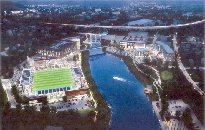 THE TIDEWATER LANDING stadium project appears to be back on track, but there's still a lot of work to be done before it's a done deal. / COURTESY FORTUITOUS PARTNERS