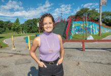 HEALTHY CHOICES: Anusha Venkataraman, managing director of the Central Providence Opportunities Health Equity Zone, at Merino Park in Providence, where residents in several city neighborhoods voted to install composting toilets, as well as make improvements at other city parks.  PBN PHOTO/MICHAEL SALERNO