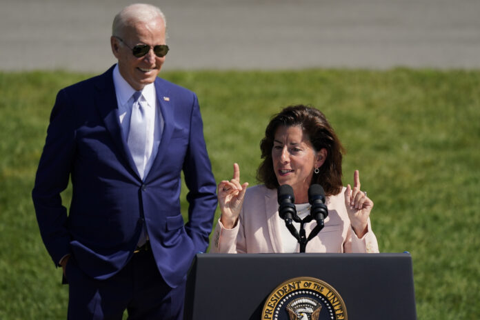 PRESIDENT JOE Biden looks on as Commerce Secretary Gina Raimondo speaks on the South Lawn of the White House in Washington during a news conference in August. The Biden administration is designating 31 “tech hubs” in 32 states and Puerto Rico to help spur innovation and create jobs in the specific industries that are concentrated in these areas. / ASSOCIATED PRESS FILE PHOTO / CAROLYN KASTER