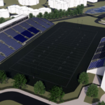 A RENDERING shows the University of Rhode Island's Meade Stadium with a new press box and additional seating along the stadium's east end. / COURTESY UNIVERSITY OF RHODE ISLAND
