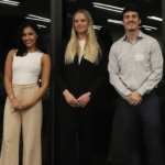 LANDON BEGIN, right, finished first at the Rhode Island Business Competition’s Pitch Contest on Nov. 16. Pictured with him is second place finisher Anastacia Yefimenko, center, and and third-place finisher Amanda Vera. / COURTESY RHODE ISLAND BUSINESS COMPETITION