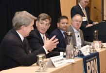 For hospital executives, solving labor shortages a top task HELP NEEDED: Dr. Michael Wagner, left, CEO and president of Care New England Health System, discusses the health services industry in Rhode Island, including workforce development, with other panelists at Providence Business News’ Fall 2023 Health Care Summit on Oct. 25. Others on the panel include, from left, Brown University’s Dr. Scott Rivkees, Dr. Raj Hazarika from Point32Health Inc. and John Fernandez, CEO and president of Lifespan Corp. Moderating is PBN Editor Michael Mello, standing.
PBN PHOTO/MIKE SKORSKI