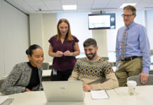 Blue Cross & Blue Shield of R.I. employees grouping together to make a difference SUPPORTING ITS MEMBERS: From left, Jenny Bautista-Ravreby, diversity equity and inclusion manager; Carolyn Belisle, chief of corporate social responsibility; Scott Gowrie, corporate social responsibility specialist; and Richard Salit, public relations manager, all of Blue Cross & Blue Shield of Rhode Island, are some key members of the company’s diversity, equity and inclusion team.
PBN PHOTO/ELIZABETH GRAHAM