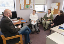 R.I. Developmental Disabilities Council creates new ways of thinking to aid those with disabilities A BETTER FUTURE:
In 2009, Rhode Island Developmental Disabilities Council Inc. created The RI Cross Disability Coalition to focus on individuals with various disabilities and offer them ways to have career opportunities. Pictured, from left, are Kevin Nerney, the council’s executive director; Deanne Gagne, member of the RI Cross Disability Coalition; Sue Babin, the council’s special projects director; and coalition member Tanja Blicker-Ucran.
PBN PHOTO/TRACY JENKINS