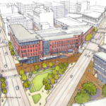 RHODE ISLAND OFFICIALS seemed set on building a bus hub on Dorrance Street in Providence, but now Gov. Daniel J. McKee says officials are considering a location in the I-195 Redevelopment District. / RENDERING COURTESY OF UNION STUDIO ARCHITECTURE AND COMMUNITY DESIGN