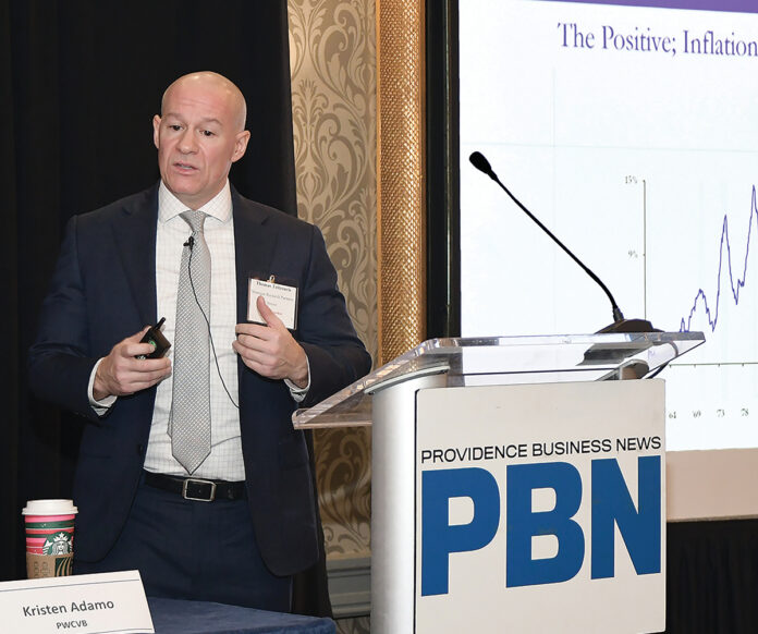 GROWTH ­BARRIER: Thomas Tzitzouris, head of fixed income research at Strategas Research Partners, tells attendees of Providence Business News’ recent Economic Trends Summit that limited small-business creation is a weak spot in the state’s economy.  PBN FILE PHOTO/MIKE SKORSKI