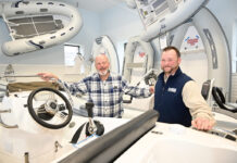 JACK OF MANY TRADES: Marine Solutions Inc. owner Dick Cromwell, left, who says he’s always enjoyed working around boats, ran many other businesses before launching the marine vessel dealer in Portsmouth in 1995. He’s pictured with Miles Brugman. PBN PHOTO/DAVID HANSEN