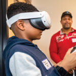 ANOTHER WORLD: Thomas ­Walters IV gives a virtual headset a try while his father, Thomas Walters III, looks on at the Youth Innovation STEAM Hub  event launched by the nonprofit Winner’s Circle XR Academy Inc. in Providence on Jan. 20.  PBN FILE PHOTO/MICHAEL SALERNO
