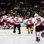 THE BOSTON COLLEGE men's hockey team celebrates an overtime win March 31 over Quinnipiac University in the NCAA Division I Men's Hockey Tournament at the Amica Mutual Pavilion in Providence. The hockey regional brought in $1.9 million in economic impact to the area. / COURTESY BOSTON COLLEGE MEN'S HOCKEY