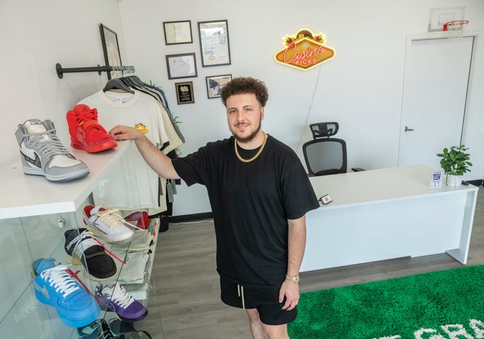 GIANT STEP: Jay Villanova began his Casino Kicks shoe business on Instagram in 2018 and last December opened a brick-and-mortar store in Johnston.  PBN PHOTO/MICHAEL SALERNO