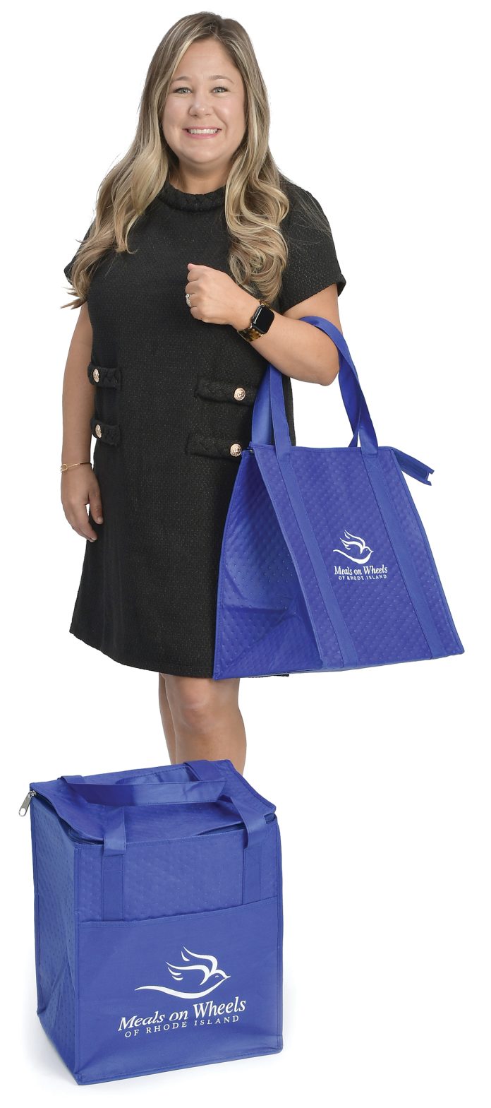 the prop  Shana DeFelice holds the signature blue delivery bag from Meals on Wheels of  Rhode Island.