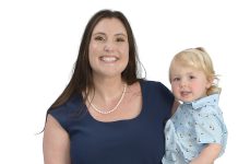 the prop Stephanie Friedel poses with her daughter, Gwendolyn, and son, Reid.