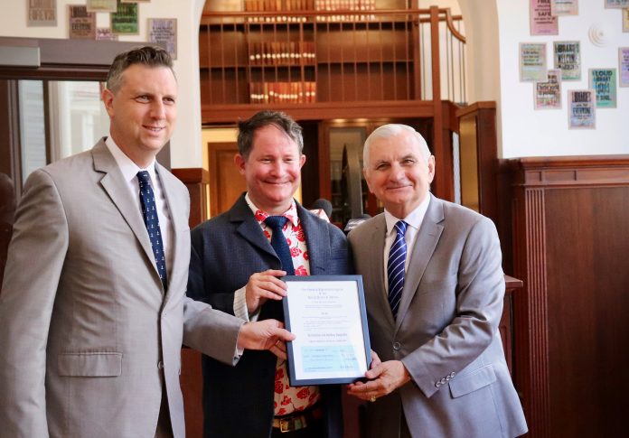 REP. SETH MAGAZINER, left, and Sen. Jack Reed, right, announced on Monday that the Providence Public Library received $700,000 in federal funding for building upgrades and community space improvements. At center is PPL Executive Director Jack Martin. / COURTESY SEN. JACK REED'S OFFICE