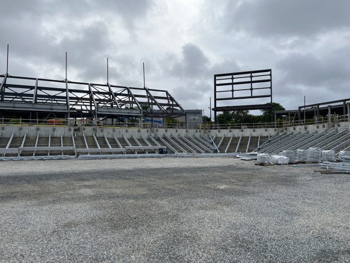 TIDEWATER LANDING STADIUM, future home of Rhode Island FC in Pawtucket, remains under construction and set to open in the spring of 2025. The soccer club has chosen Cleveland-based firm The Superlative Group to seek out companies for naming rights to the stadium. / COURTESY RHODE ISLAND FC