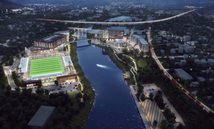 BETA GROUP INC., a Lincoln-based engineering firm, has been awarded a $1.4 million design contract from the city of Pawtucket to help design the riverwalk and pedestrian bridge adjacent to the new Tidewater Landing stadium along the Seekonk River. / COURTESY CITY OF PAWTUCKET