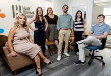 Half Street Group a strong communicator for the community GROUP PROJECT: From left, Half Street Group account executives Chelsea DeCesare and Elisabeth Wales, Account Director Hillary Lima, founder and President Mike Raia, digital and social media specialist Nadia Engenheiro, and summer intern and Events Coordinator Jackson Duffy work to cultivate and
manage clients’ reputations by providing relief in crisis communication settings.
PBN PHOTO/RUPERT WHITELEY