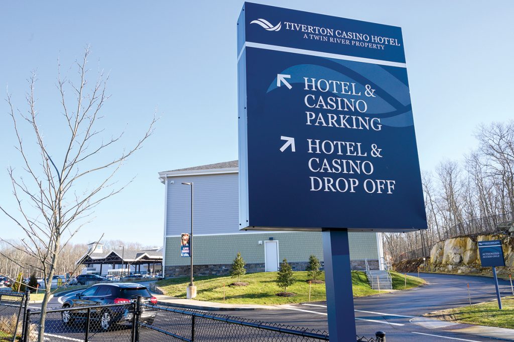 A sign Bally’s Tiverton Casino & Hotel directs visitors to the hotel and casino drop-off areas even though the hotel has been closed since 2020.  PBN FILE PHOTO/DAVID HANSEN