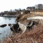 DANGER PRONE: The seawall that holds up the Cliff Walk south of Narragansett Avenue has been damaged by erosion and that section of the walk has been closed for nearly three years. A dispute over federal funding has created uncertainty about the repair.  PBN PHOTO/KATE WHITNEY LUCEY