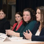 TOUGH TIME: Katharine Amaral, right, director of programs and community partnerships for the nonprofit Junior Achievement of Rhode Island Inc., speaks during Providence Business News’ 2025 Workforce Development Summit on Feb. 13. With her on the panel, from left, are Ara Millette, director of talent acquisition at Brown University Health; Amy Grzybowski, New England Institute of Technology vice president of workforce development and community relations; and Nora Crowley, R.I. Department of Labor and Training deputy director.  PBN PHOTO/MIKE SKORSKI