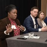 IN PROGRESS: Michelle A. Reddish, left, administrator at the R.I. Cannabis Control Commission, talks about the commission’s process of putting a licensing system in place for recreational marijuana sales. She is one of four panelists at the Providence Business News’ 2025 Business of Cannabis Summit in Providence on March 6. Also on the panel are, from left, Benjamin L. Rackliffe, partner of Pannone Lopes Devereaux & O’Gara LLC; Sasha Gorski, co-owner of Talaria LLC; and Ronald Crosson II, executive director of Urban Ventures Inc. and chairman and social equity officer of the R.I. Cannabis Advisory Board.  PBN PHOTO/MIKE SKORSKI