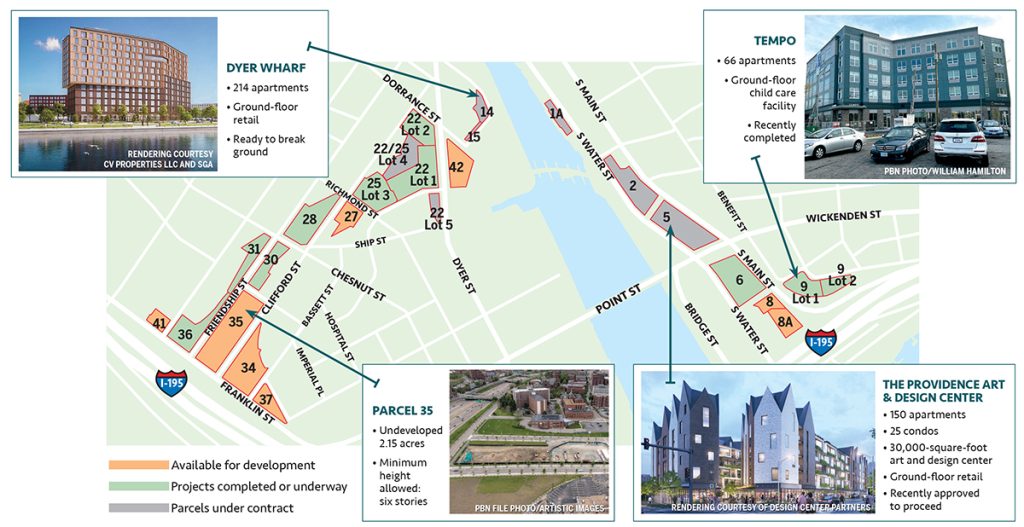 LAY OF THE LAND Thirteen projects totaling 2.1 million square feet have been completed or are planned. Nine parcels remain available for development.