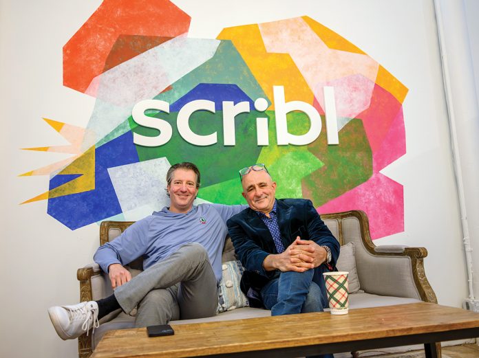 CONNECTING CO-WORKERS: In the post-pandemic world of remote and hybrid work, CEO Matthew Kaplan, left, and Chief Resource Officer Jeffrey Sparr founded Scribl in Pawtucket last year to bring back the feeling of connection in the workplace through doodles, creativity and team building.  PBN PHOTO/MICHAEL SALERNO