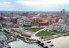 DEVELOPING SITUATION: About 7 acres of land in the I-195 Redevelopment District remain available for build-out. The 195 District Park on the west side of the Providence River, seen above, will remain open space – except for a 3,500-square-foot food and beverage pavilion under construction near the center of the park.  PBN PHOTO/ARTISTIC IMAGES