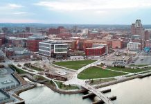 DEVELOPING SITUATION: About 7 acres of land in the I-195 Redevelopment District remain available for build-out. The 195 District Park on the west side of the Providence River, seen above, will remain open space – except for a 3,500-square-foot food and beverage pavilion under construction near the center of the park.  PBN PHOTO/ARTISTIC IMAGES