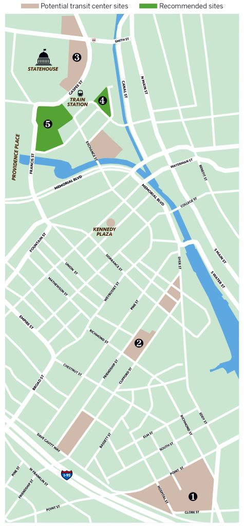 THEN THERE WERE 2
Next Wave Rhode Island Partners LLC analyzed seven sites as potential spots for a transit center, from 8 acres on Eddy Street ❶ to the parking garage attached to the Garrahy Judicial Complex ❷ to a proposed underground development below the Statehouse lawn ❸.
Next Wave recommended two sites: an empty 1½-acre parcel ❹
and 2½-acre park ❺ that was not initially under consideration.