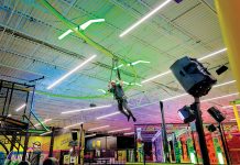 RIDING HIGH: ­David Medeiros, owner of the Urban Air Adventure Park franchise in Warwick, shows off the facility’s sky rider. PBN PHOTO/ MICHAEL SALERNO