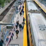 HOMEWARD BOUND: Passengers disembark from a commuter train at the Pawtucket-Central Falls station on a recent weekday afternoon. The train arrived from Boston.  PBN PHOTO/MICHAEL SALERNO