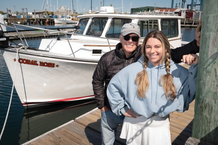 ROLE REVERSAL: Coral Rose Aiello assumed the captaincy of the Sara Star Fishing Charter’s Coral Rose boat from her father, Joseph Aiello, in 2023, effectively making him first mate. Under her leadership, the Newport-based business continues to thrive.  PBN PHOTO/DAVID HANSEN
