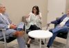 STRATEGY SESSION: Nina Pande, center, executive director of Skills for Rhode Island’s Future, discusses workforce development with East Providence Mayor Roberto DaSilva, left, and Woonsocket Mayor Christopher Beauchamp.  COURTESY CHELSEA DECESARE