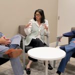 STRATEGY SESSION: Nina Pande, center, executive director of Skills for Rhode Island’s Future, discusses workforce development with East Providence Mayor Roberto DaSilva, left, and Woonsocket Mayor Christopher Beauchamp.  COURTESY CHELSEA DECESARE