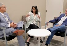 STRATEGY SESSION: Nina Pande, center, executive director of Skills for Rhode Island’s Future, discusses workforce development with East Providence Mayor Roberto DaSilva, left, and Woonsocket Mayor Christopher Beauchamp.  COURTESY CHELSEA DECESARE