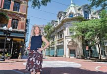 A WELCOME DEVELOPMENT: Marisa Angell Brown, Providence Preservation Society executive director, is eagerly awaiting the redevelopment of the former Providence Journal headquarters at Westminster and Eddy streets in downtown Providence. The building has been mostly vacant for more than a decade.  PBN PHOTO/MICHAEL SALERNO