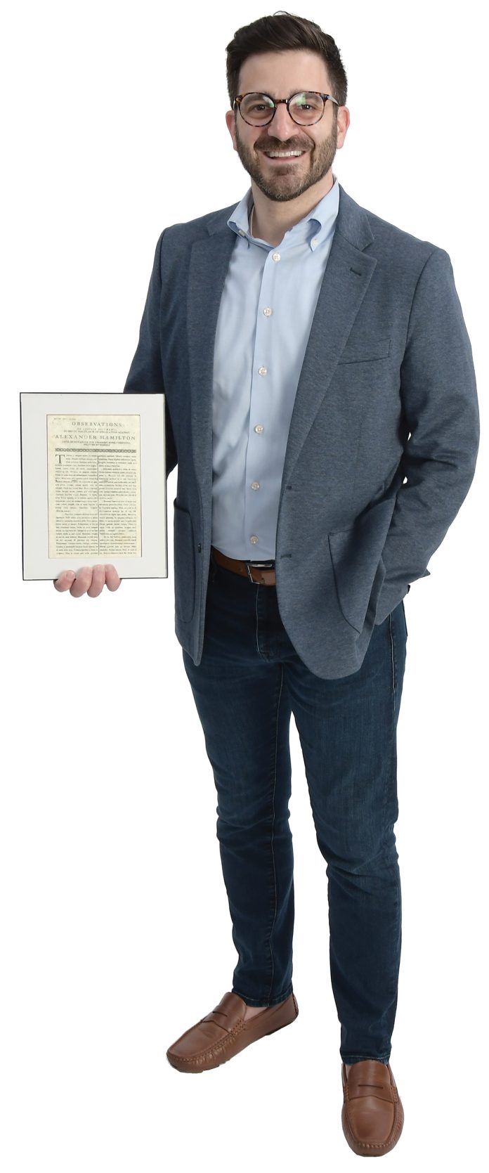 the prop Jason Cabral holds a prop from the first live off-Broadway preview performance of “Hamilton” held at The Public Theater in New York. the prop Jason Cabral holds a prop from the first live off-Broadway preview performance of “Hamilton” held at The Public Theater in New York.