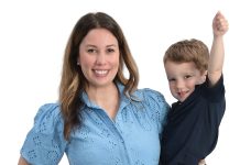 the prop Danielle Mello poses with her children, Hadley, 5; and Casey, 3.