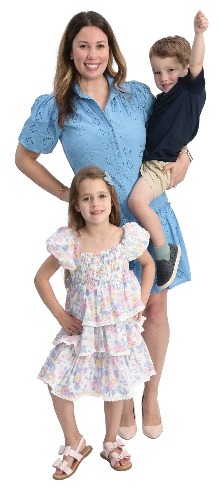 the prop Danielle Mello poses with her children, Hadley, 5; and Casey, 3.